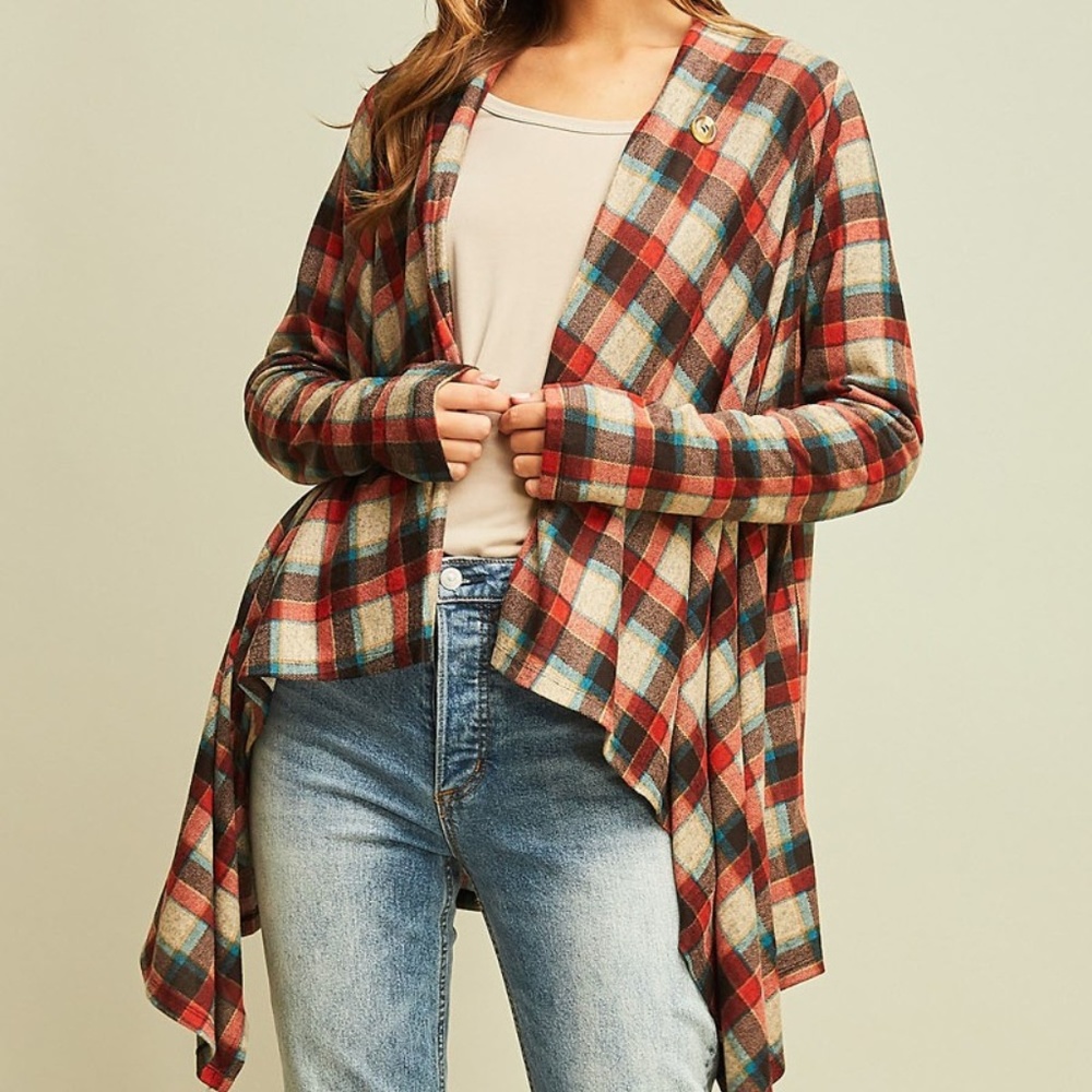 Last 1 - Plaid Draped Wrap Cardigan - Picture 2 of 8